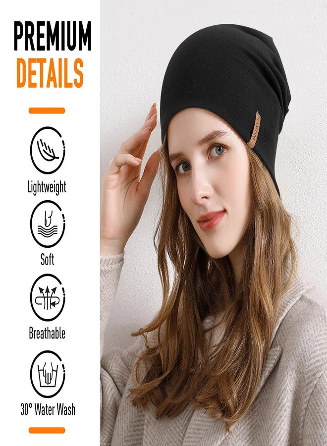 HAMUNI Slouchy Beanie for Women Cotton Beanies Hats Men Lightweight Soft Chemo Headwear Warm Skull Cap for All Seasons Black - Image 2